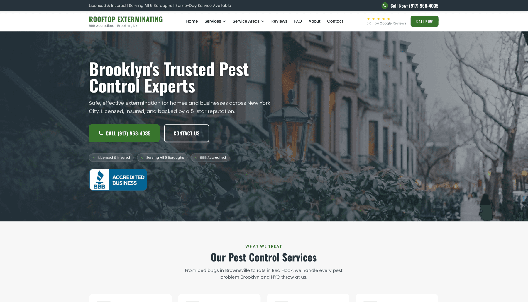 Rooftop Exterminating homepage hero, custom Next.js build